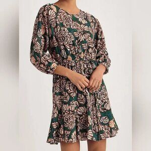 Donna Morgan Floral Crewneck Bishop Sleeve Mini Dress Green Size 10 NWT
